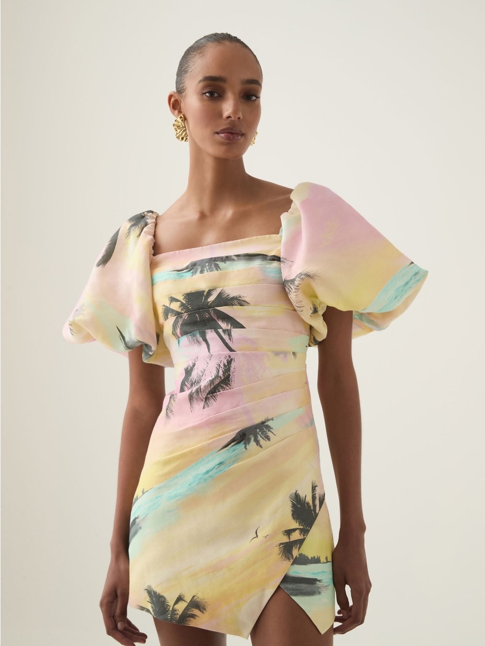 Aje Paradiso Pastel Tropical Puff-Sleeve Mini Dress - Pink/Yellow AU 12 US 8